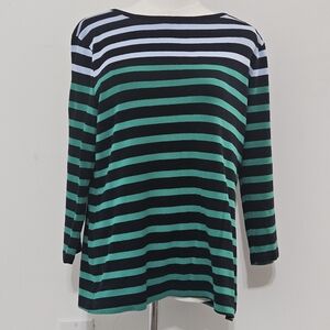 Croft & Barrow Size L 3/4 Sleeve Green Blue Navy Striped Knit Womens Blouse Top